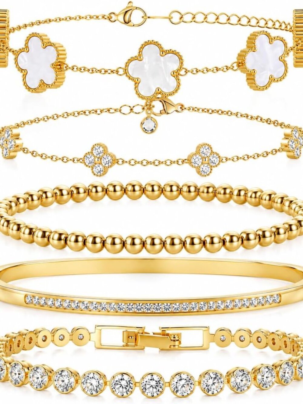 Stackable 18K Gold Plated Bracelets with Clover Charms - Chic Women’s Jewelry
